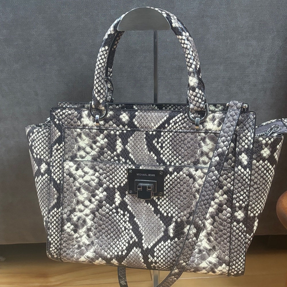 Michael Kors Black and Gray Snake Print Satchel